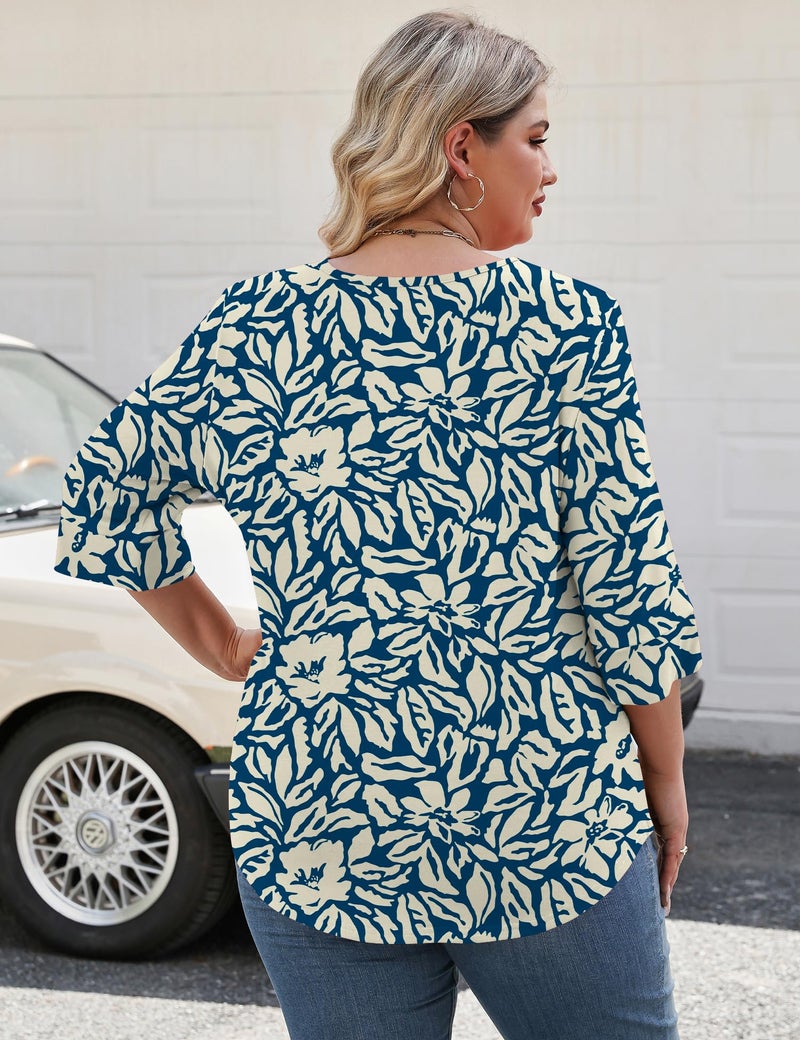 Rapbin Womens Tops Dressy Casual 3/4 Length Sleeve Tshirts Summer Beach Blouses Plus Size Spring Outfits Blue Apricot 3XL - Image 3