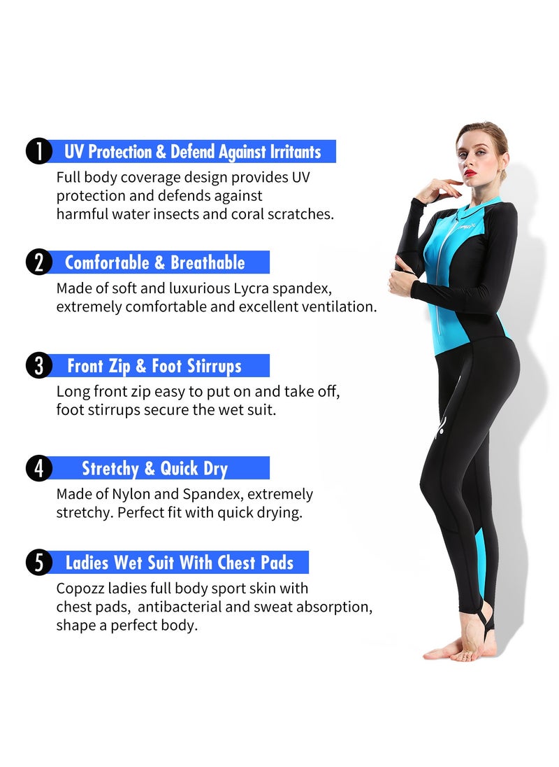Copozz COPOZZ Diving Skin, Men Women Youth Thin Wetsuit Rash Guard- Full Body UV Protection - for Diving Snorkeling Surfing Spearfishing Sport Skin (Black/Blue, Medium for Women)  - Image 3