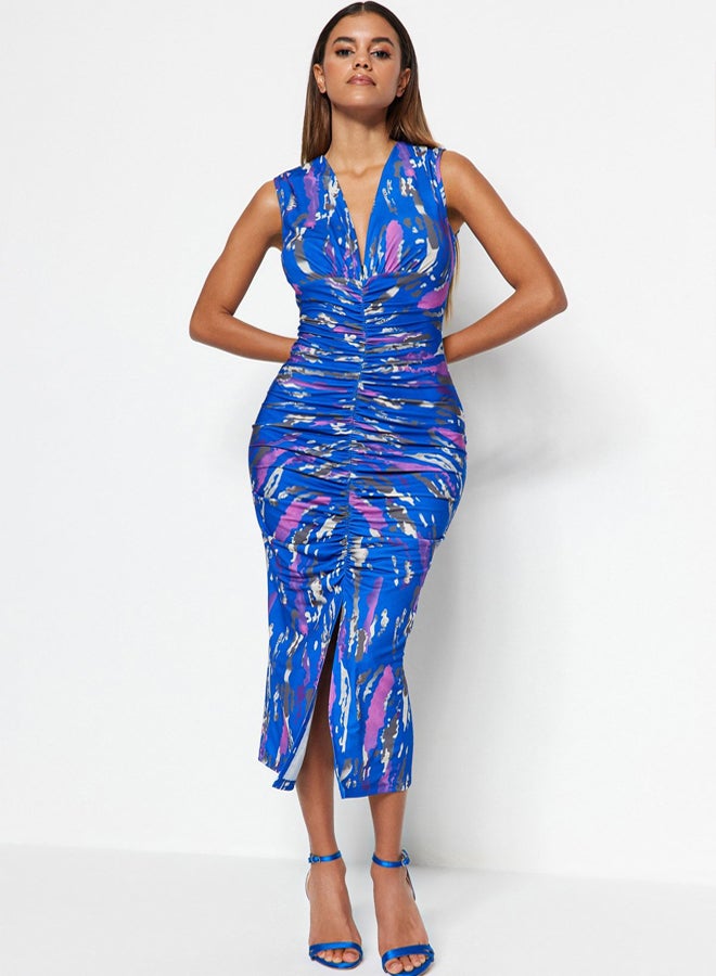 trendyol Navy Blue Printed Fitted Midi Flexible Knitted Pencil Dress - Image 2