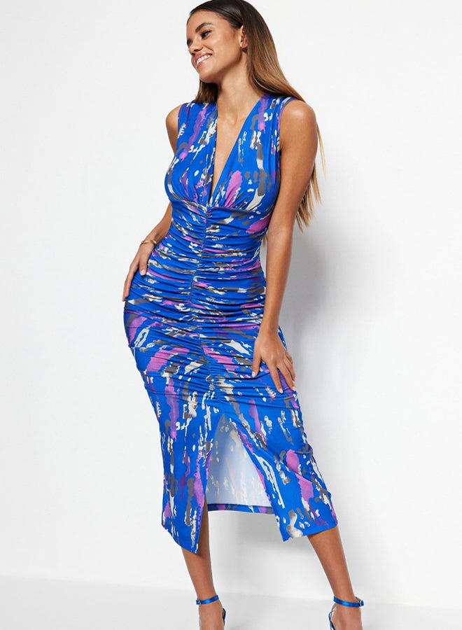 trendyol Navy Blue Printed Fitted Midi Flexible Knitted Pencil Dress - Image 3