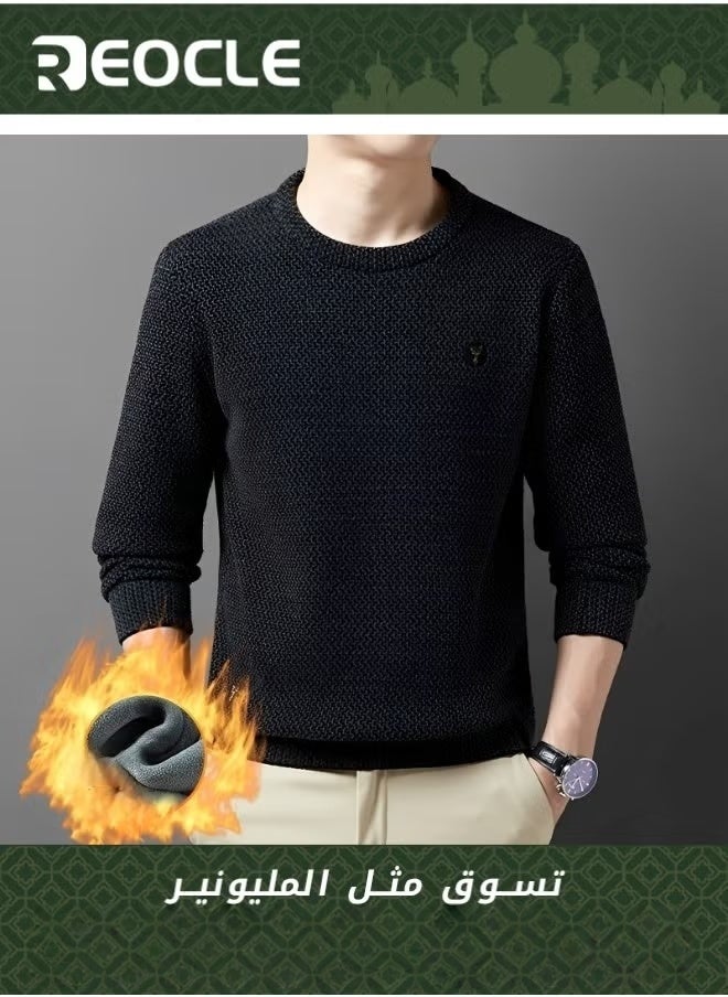 REOCLE Men's Fleece Thick Knitted Shirt Winter Long Sleeve Crewneck Sweatshirt Thermal Top Anti-Static Workout Base Layer  - Image 1