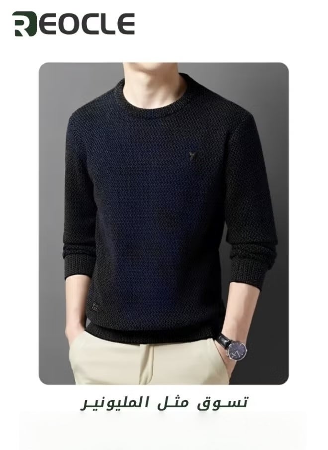 REOCLE Men's Fleece Thick Knitted Shirt Winter Long Sleeve Crewneck Sweatshirt Thermal Top Anti-Static Workout Base Layer  - Image 2