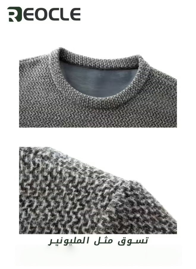 REOCLE Men's Fleece Thick Knitted Shirt Winter Long Sleeve Crewneck Sweatshirt Thermal Top Anti-Static Workout Base Layer  - Image 3