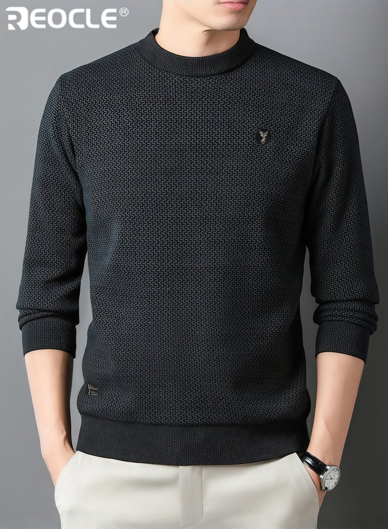REOCLE Men's Fleece Thick Knitted Shirt Winter Long Sleeve Crewneck Sweatshirt Thermal Top Anti-Static Workout Base Layer - Image 2