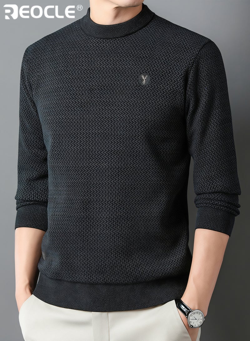 REOCLE Men's Fleece Thick Knitted Shirt Winter Long Sleeve Crewneck Sweatshirt Thermal Top Anti-Static Workout Base Layer - Image 1