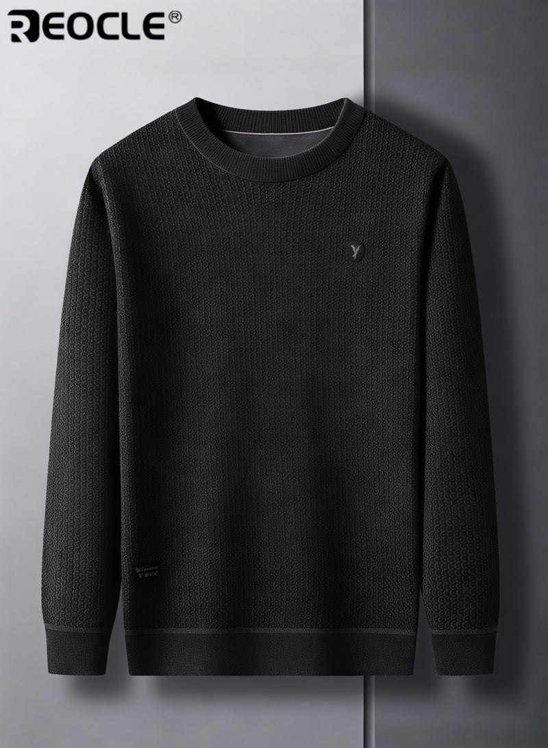 REOCLE Men's Fleece Thick Knitted Shirt Winter Long Sleeve Crewneck Sweatshirt Thermal Top Anti-Static Workout Base Layer - Image 4