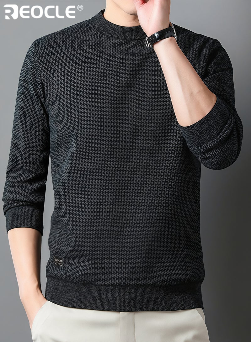 REOCLE Men's Fleece Thick Knitted Shirt Winter Long Sleeve Crewneck Sweatshirt Thermal Top Anti-Static Workout Base Layer - Image 3