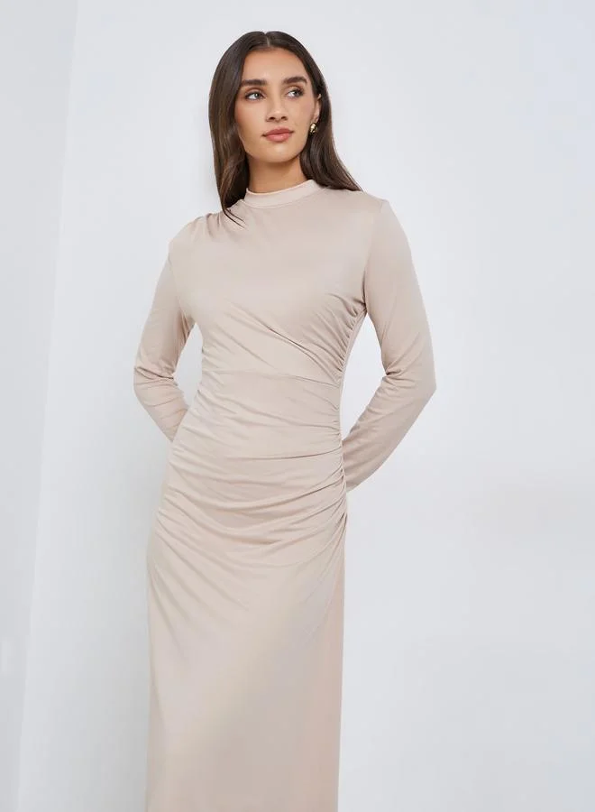 Styli Beige Long Sleeve Gathered Midi Dress