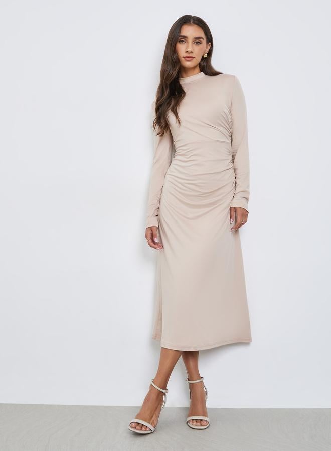Beige Long Sleeve Gathered Midi Dress