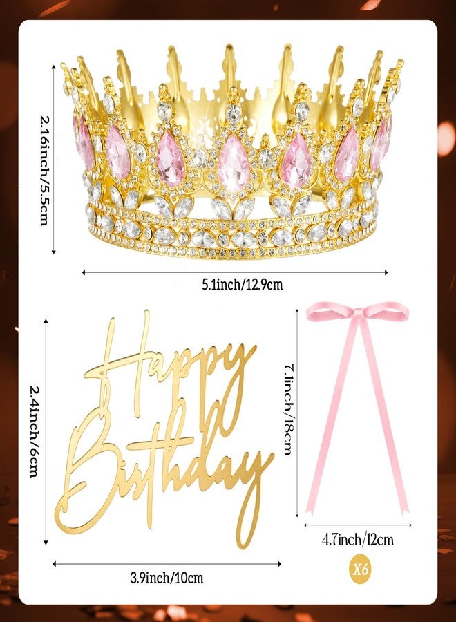 Landical 8 Pcs Queen Crown Cake Topper Corona Para Pastel Princess Cake Decorations Princess Crown Happy Birthday Topper Bow Tie for Birthday Party Wedding Supplies(Gold and Pink) - Image 2
