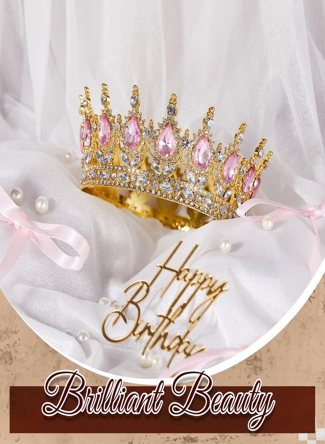Landical 8 Pcs Queen Crown Cake Topper Corona Para Pastel Princess Cake Decorations Princess Crown Happy Birthday Topper Bow Tie for Birthday Party Wedding Supplies(Gold and Pink) - Image 3