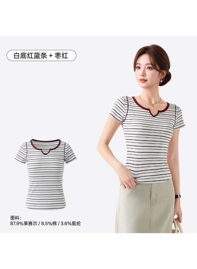 Spring/summer New Tencel Lyocell Striped T-shirt Women's 10a Antibacterial Cool-feel Regular Shoulder Short Sleeve Versatile Slimming Base Layer Top