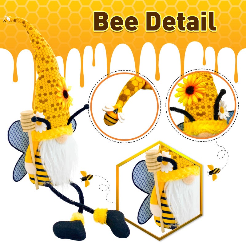 Lovinland Spring Decorations for Home, Office, Indoor - Yellow Honey Bumble Bee Sunflower Plush Gnomes Doll - Summer Gnome Gifts for Women - Bee Stuffed Sitters for Shelf Decor - Image 3