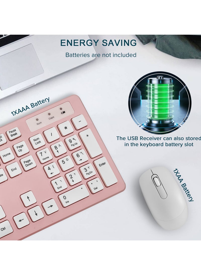 Yakiter - Wireless Keyboard and Mouse Combo, 2.4G USB Quiet Cordless Mouse Keyboard Set Ergonomic Full Size with Long Battery Life, for Computer Laptop PC Windows Mac Chrome OS, Pink - Image 1