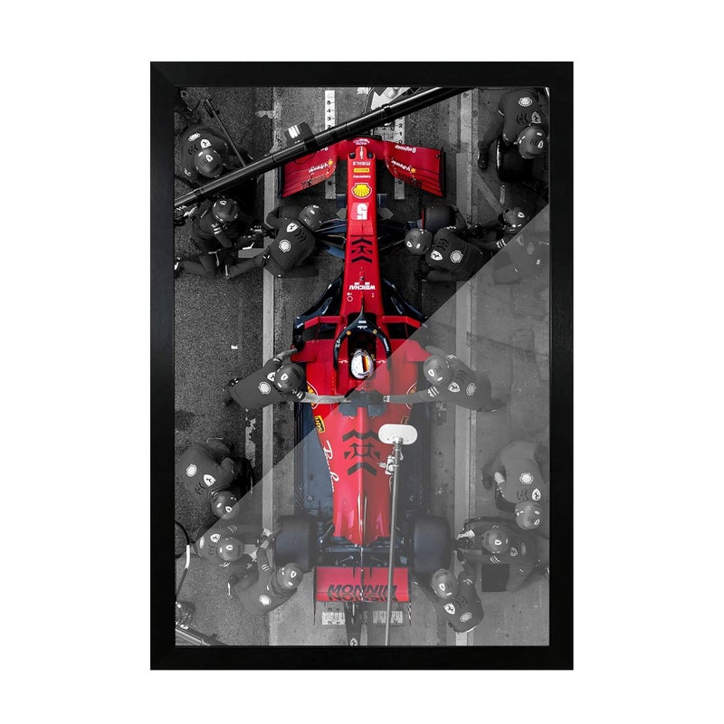 FRAMEO STORE Ferrari Pitstop Formula 1 Glass frame Sebastian Vettel ferrari pitstop art framed poster A3 size 12 X 18 Inches - Image 1