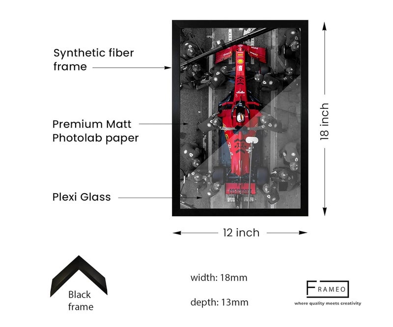 FRAMEO STORE Ferrari Pitstop Formula 1 Glass frame Sebastian Vettel ferrari pitstop art framed poster A3 size 12 X 18 Inches - Image 4