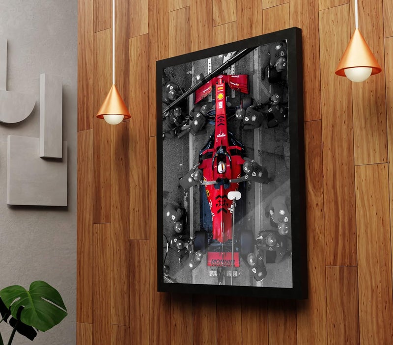 FRAMEO STORE Ferrari Pitstop Formula 1 Glass frame Sebastian Vettel ferrari pitstop art framed poster A3 size 12 X 18 Inches - Image 3