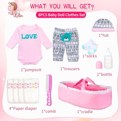 Pedolltree 11 Pcs Reborn Baby Dolls Clothes Accessories Pink Outfit with BassinetDiaper for 1722 Inch Reborn Doll Clothes fit Newborn Baby Doll Girl - Image 5