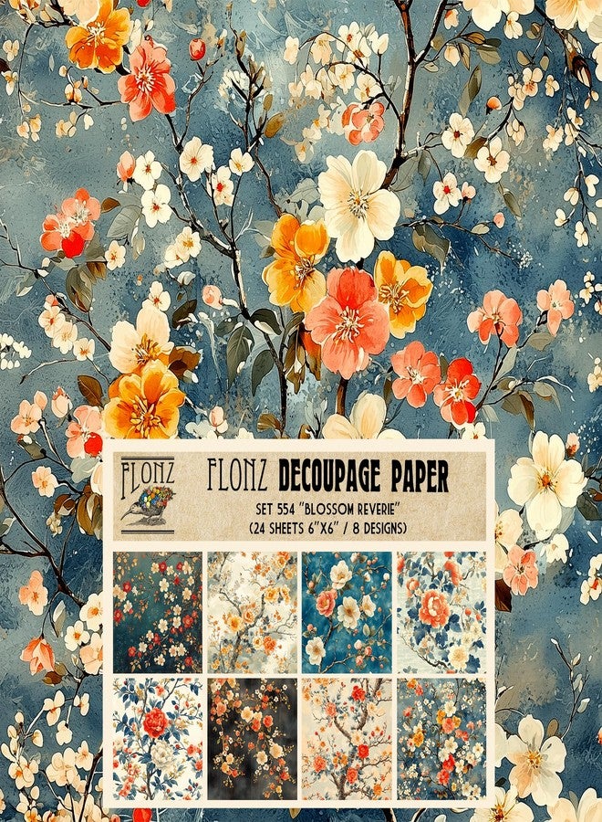 Decoupage Paper Pack (24 Sheets 6"x6") Blossom Reverie: Delicate Cherry Blossoms on Serene Blue Backdrops for Elegant Creations # Vintage Styled Paper for Craft and Scrapbooking