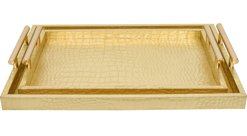 MACVAD Set of 2 Modern Elegant Large Wood Serving Tray Rectangle Decorative Tray Ottoman Tay Coffee Table Tray Gold Crocodile Leather with Gold Polished Metal Handles