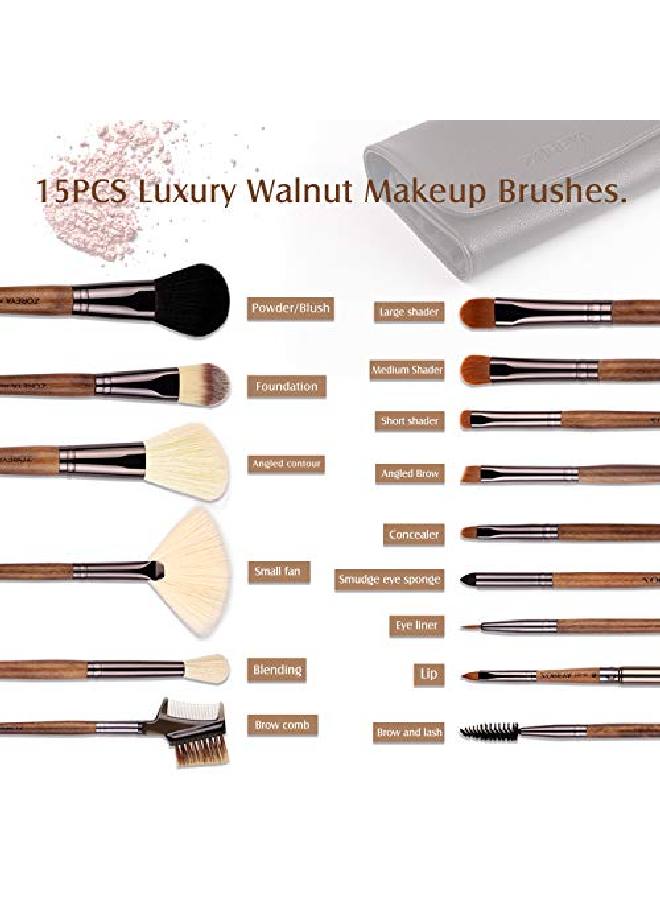 Zoreya Makeup Brush Sets 15Pcs Unique Walnut Makeup Brushes With Nobilityprofessional Premium Synthetic Foundation Powder Concealers Eye Shadows Makeup Brushes Set With Perfect Vegan Leather Bag - Image 5