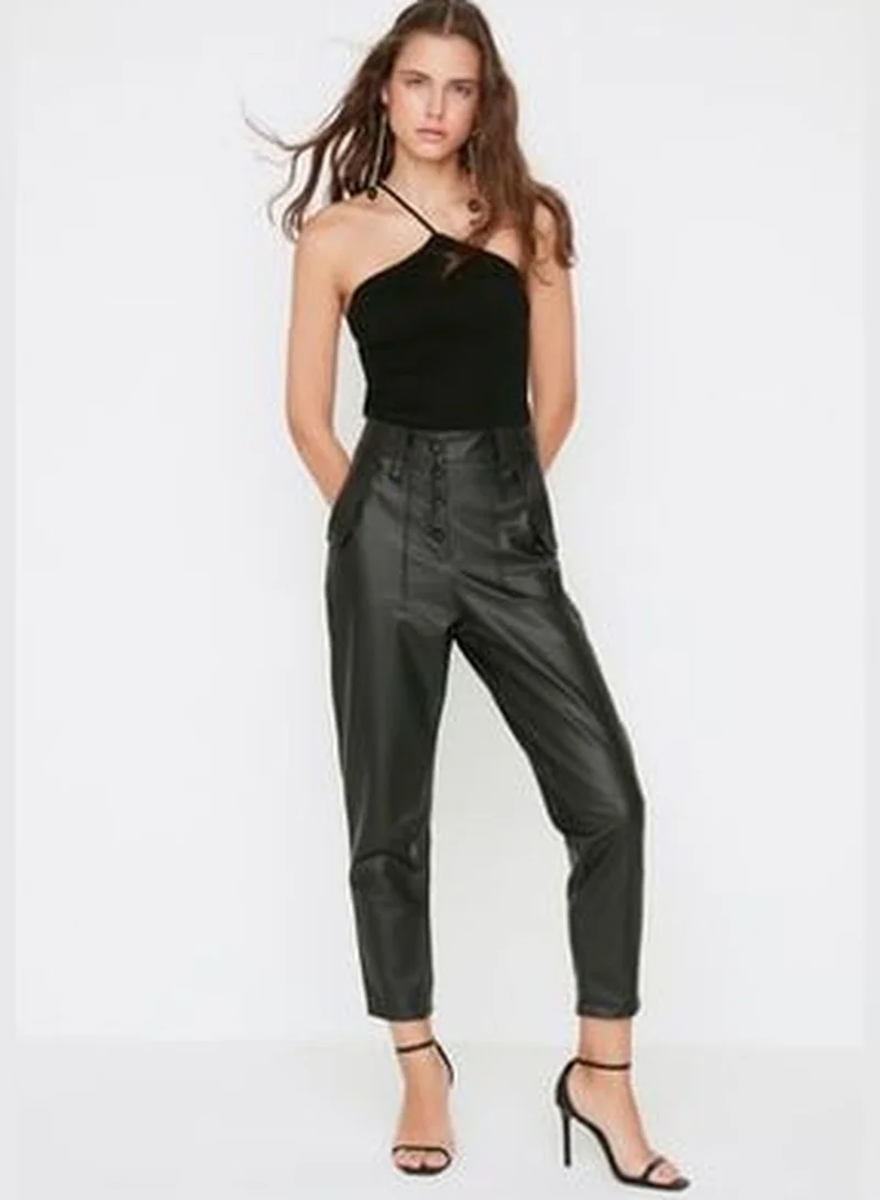 trendyol Black Carrot Weave Faux Leather Pants with Buttons on the Front TWOAW22PL0083