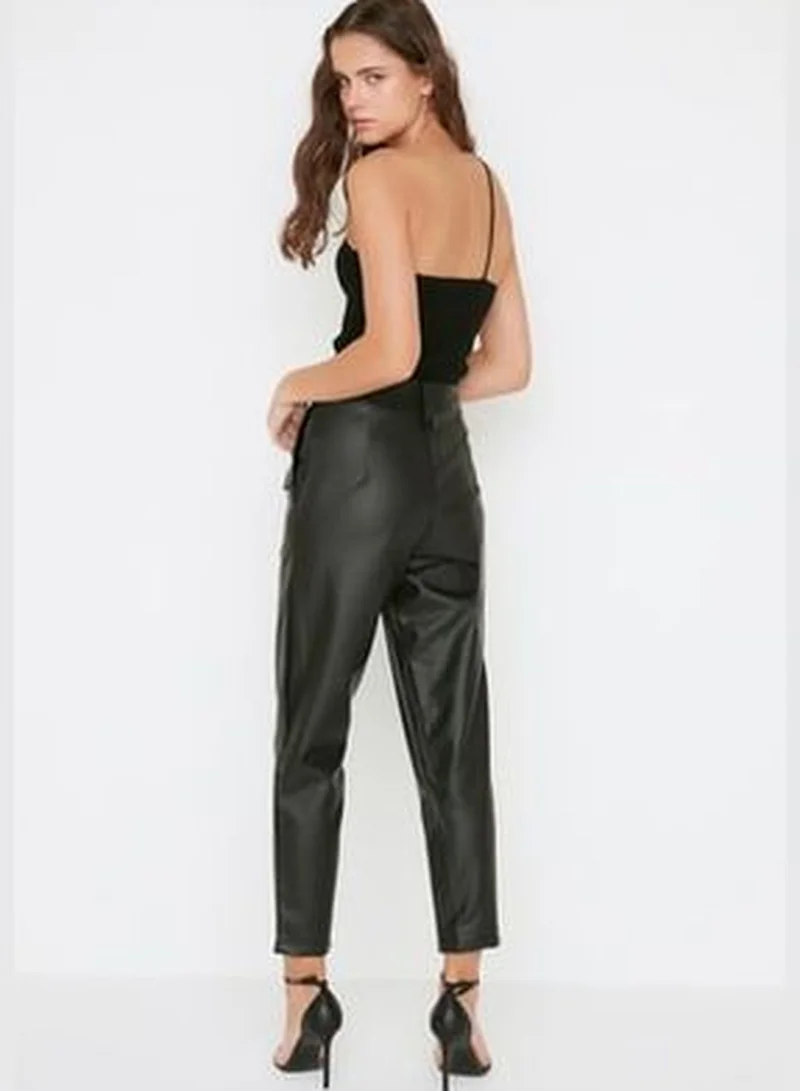 trendyol Black Carrot Weave Faux Leather Pants with Buttons on the Front TWOAW22PL0083