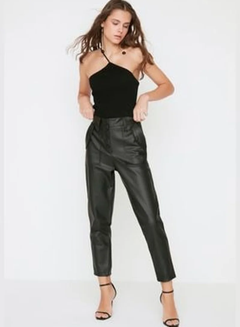 trendyol Black Carrot Weave Faux Leather Pants with Buttons on the Front TWOAW22PL0083