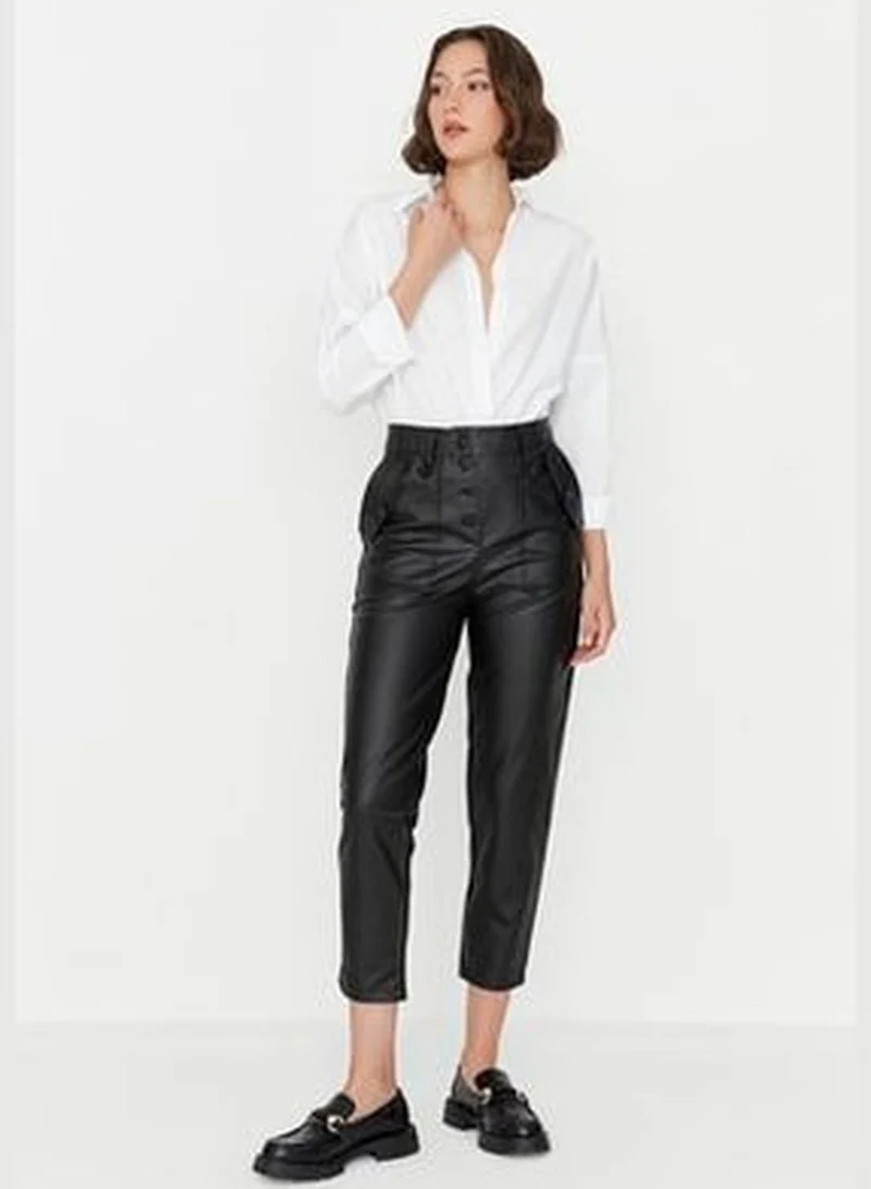 trendyol Black Carrot Weave Faux Leather Pants with Buttons on the Front TWOAW22PL0083
