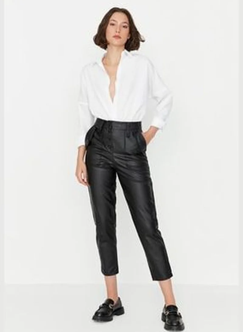 trendyol Black Carrot Weave Faux Leather Pants with Buttons on the Front TWOAW22PL0083