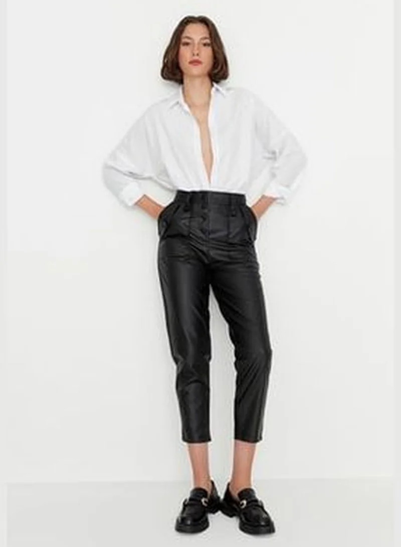 trendyol Black Carrot Weave Faux Leather Pants with Buttons on the Front TWOAW22PL0083