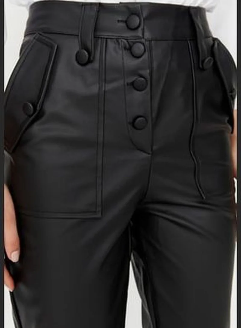 trendyol Black Carrot Weave Faux Leather Pants with Buttons on the Front TWOAW22PL0083