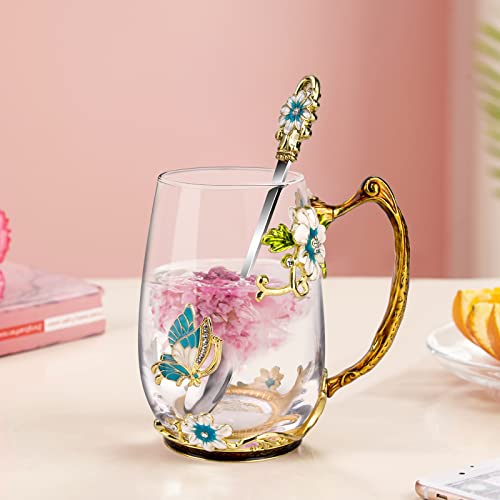 OEAGO Birthday Gifts for Women Mom Glass Coffee Enamels Mug Best Mothers Day Butterfly Gifts for Her from Daughter Son Lead-Free Christmas Tea Cup with Spoon Sets - Image 3