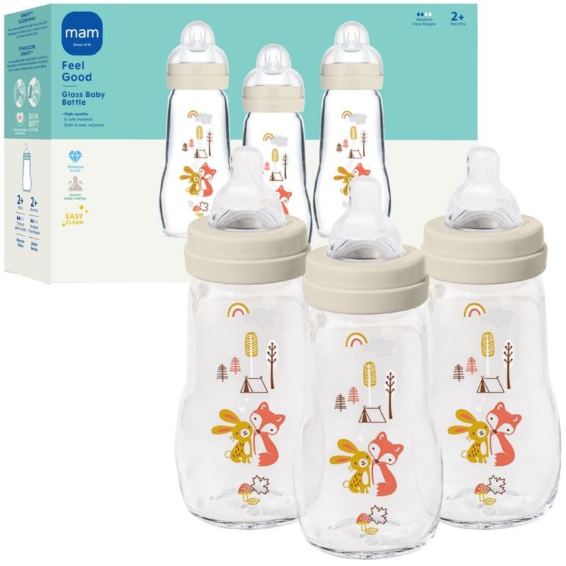 MAM 9oz Premium Glass Wide Neck Baby Bottle with Medium Flow Breastfeeding-Like Silicone Nipple, Easy to Clean, BPA Free, 2+ Months, Easy Switch Between Breast and Bottle, Made in Europe, 3 Pack - Image 1