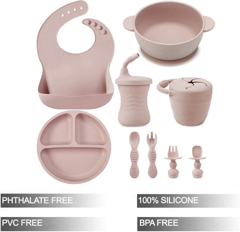 PandaEar Silicone Baby Feeding Set  9PCS Baby Led Weaning Supplies Self Feeding Utensils  Divided Suction Plate Bowl Bibs Sippy Cup with Baby Snack Container Spoons Forks Pink - Image 3