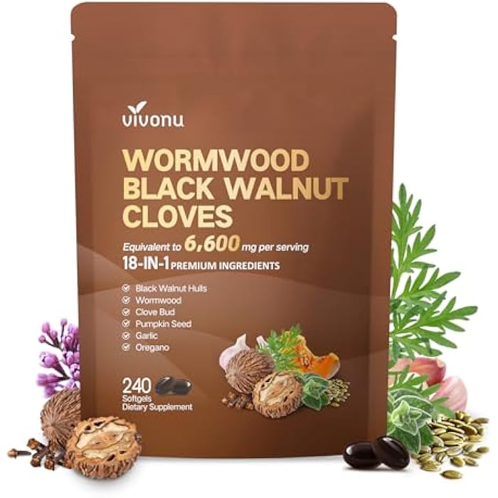 VivoNu كبسولات الشيح والجوز الأسود والقرنفل، 6600 ملغ لتنظيف الجسم، إزالة السموم، مكمل لحماية الأمعاء للإنسان، مزيج عشبي 18 في 1 مع بذور اليقطين، الثوم، الأوريجانو، البربرين، القرفة والمزيد 240 كبسولة لينة - Image 1