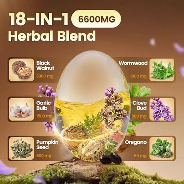 VivoNu كبسولات الشيح والجوز الأسود والقرنفل، 6600 ملغ لتنظيف الجسم، إزالة السموم، مكمل لحماية الأمعاء للإنسان، مزيج عشبي 18 في 1 مع بذور اليقطين، الثوم، الأوريجانو، البربرين، القرفة والمزيد 240 كبسولة لينة - Image 3