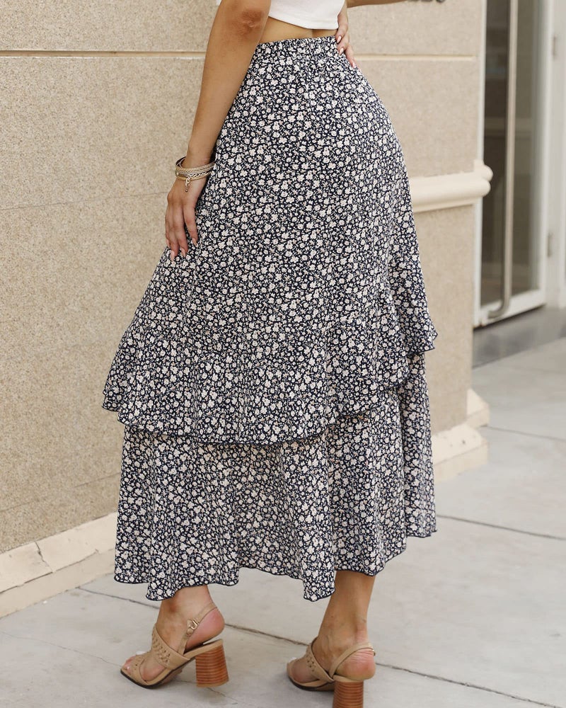 BTFBM Women 2025 Summer Spring Boho Long Skirts Dress Floral Print Elastic Waist Split Ruffle High Low Beach Maxi Skirt(Z-Navy, Medium) - Image 4