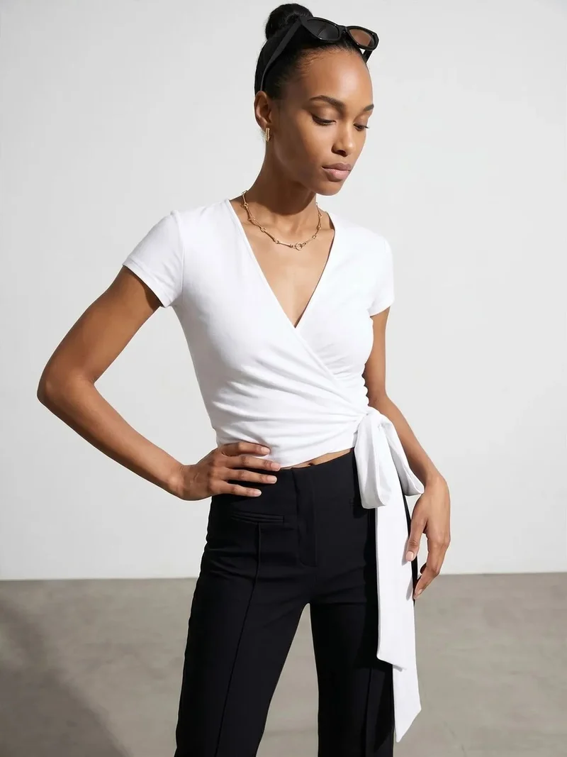 Dilvin DILVIN Crop Wrap Blouse With Tie Detail
