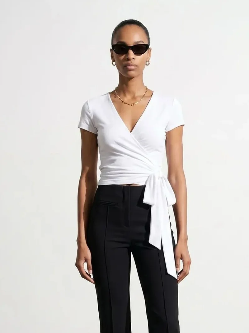 Dilvin DILVIN Crop Wrap Blouse With Tie Detail