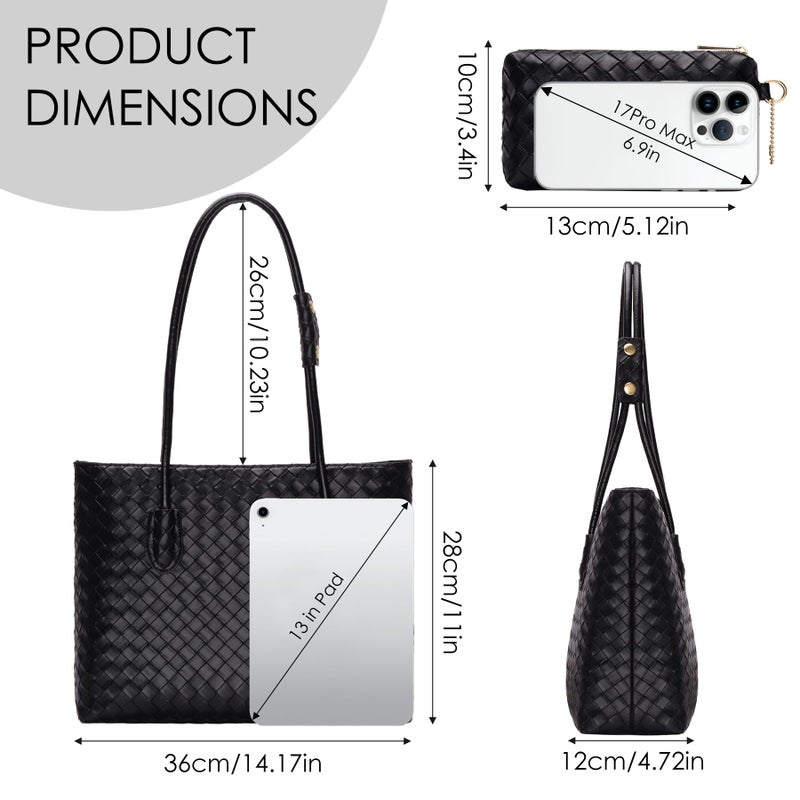 Toptime Woven Tote Bags for Women, Vegan Leather Shoulder Bag with Zipper and Matching Pouch, Large Capacity Women's Handbag Velvet Lining Design Weekender Bag for Work Travel Shopping (Black) - Image 4