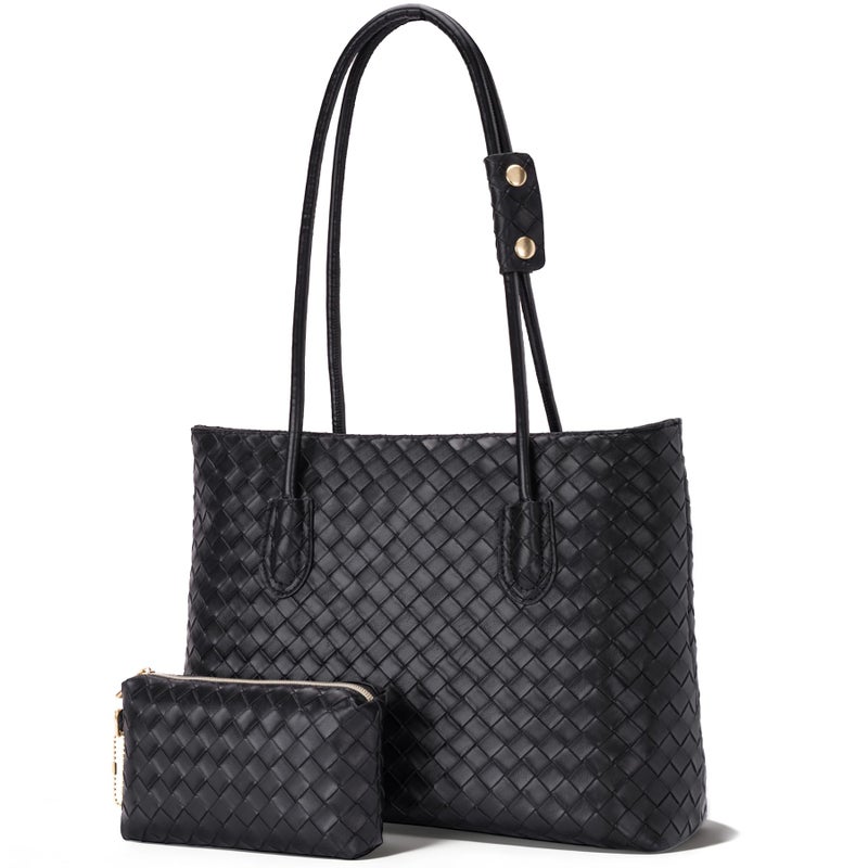 Toptime Woven Tote Bags for Women, Vegan Leather Shoulder Bag with Zipper and Matching Pouch, Large Capacity Women's Handbag Velvet Lining Design Weekender Bag for Work Travel Shopping (Black) - Image 1