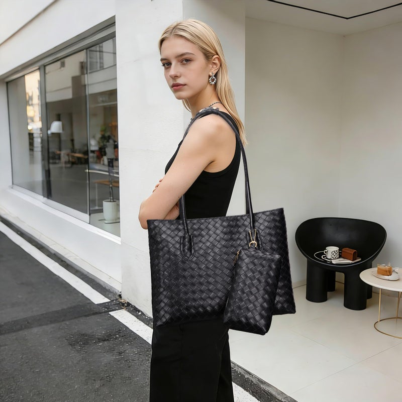 Toptime Woven Tote Bags for Women, Vegan Leather Shoulder Bag with Zipper and Matching Pouch, Large Capacity Women's Handbag Velvet Lining Design Weekender Bag for Work Travel Shopping (Black) - Image 2
