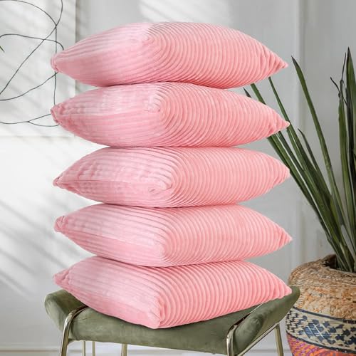 RD TREND® Cushion Cover Set of 5, Decorative Sofa Living Room Home Square Cushion Covers 18 Inch x 18 Inch, Aesthetic Corduroy Striped Double Sided (Peach, Pack of 5) - Image 1