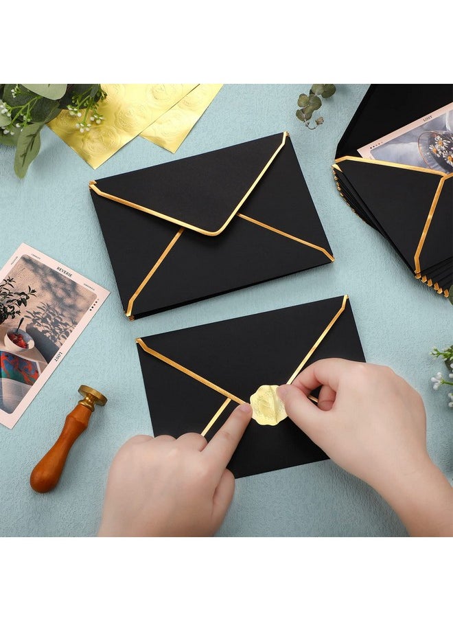 Teling - 50 Pcs A7 Envelopes 5 X 7 Card Envelopes And 50 Pcs Gold Embossed Wax Seal Envelopes Self Adhesive V Flap Envelopes With Gold Border For Graduation Invitation Wedding Greeting (Black) - Image 1
