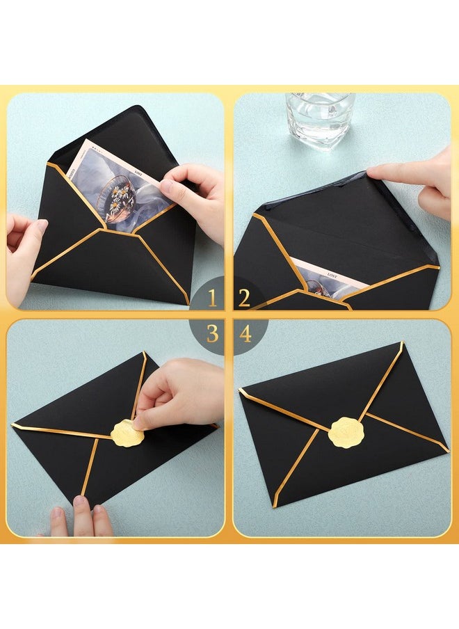 Teling - 50 Pcs A7 Envelopes 5 X 7 Card Envelopes And 50 Pcs Gold Embossed Wax Seal Envelopes Self Adhesive V Flap Envelopes With Gold Border For Graduation Invitation Wedding Greeting (Black) - Image 1