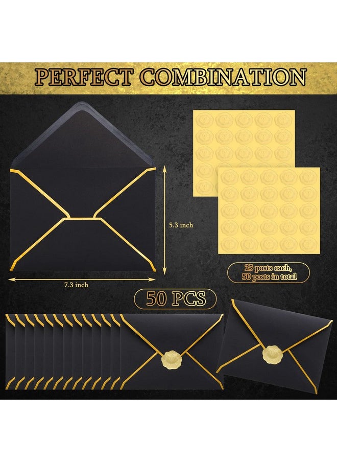 Teling - 50 Pcs A7 Envelopes 5 X 7 Card Envelopes And 50 Pcs Gold Embossed Wax Seal Envelopes Self Adhesive V Flap Envelopes With Gold Border For Graduation Invitation Wedding Greeting (Black) - Image 1