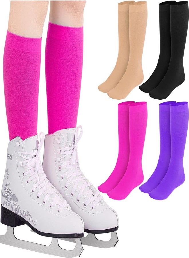 Handepo 4 Pairs Figure Skating Socks High Tights Skate Sock Ice Nylon Skating Socks for Ice Skates Dance(Black, Purple, Nude, Rose) - Image 1