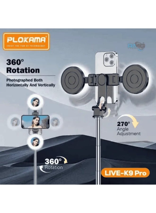 بلوكاما حامل ثلاثي القوائم عصا السيلفي PLOKAMA LIVE-K9 Pro بطول 1.7 متر | إضاءة حلقية مدمجة | جهاز تحكم عن بعد بتقنية البلوتوث | حامل 3 في 1 - Image 3