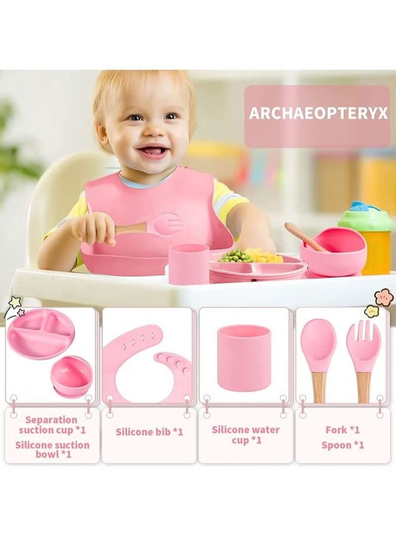 Gonice 6-Piece Silicone Baby Feeding Set, Toddler Divider Plate & Bowl with Suction, Baby Tableware Set with Adjustable Soft Silicone Bib & Utensils - Pink  - Image 5